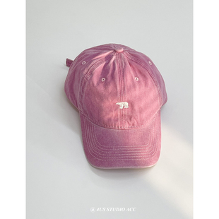 韩版复古粉色水洗棉棒球帽，女春夏季遮阳帽，显脸小北极熊刺绣鸭舌帽
