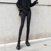 香港2023秋冬网红拼色牛仔裤，女高腰加长绒，打底紧身小脚铅笔裤