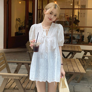 夏季女装韩版批发设计感泡泡短袖娃娃衫蕾丝，镂空中长款衬衫潮