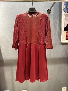 春夏女装酒红色连衣裙蕾丝拼皮立领八分袖中长款修身高品质