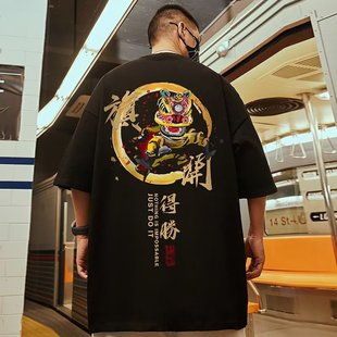 国潮短袖t恤中国风醒狮胖子男装，潮牌ins潮流，宽松加肥大码半袖
