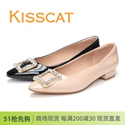 kisscat接吻猫2024春浅口低跟尖头，水钻亮漆牛皮，女鞋单鞋
