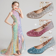 春季女童高跟鞋小女孩粉色水晶鞋，走秀表演出亮片童，鞋子儿童公主鞋