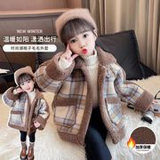 女童外套秋冬季韩系格子毛毛外套中小童女宝羊羔毛儿童呢外套