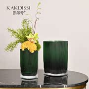 北欧田园几何绿色竖纹水培玻璃花瓶轻奢意式客厅餐桌家居插花摆件