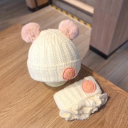 婴儿帽子围巾两件套秋冬季婴幼儿童针织，毛线帽女宝宝护耳可爱保暖