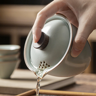 天青汝窑手抓壶单壶防烫盖碗茶杯，单个高档泡，茶碗陶瓷家用功夫茶具