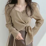 韩国chic春季复古显瘦茶歇法式上衣交叉绑带上衣设计宽松长袖衬衫