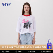 SJYP韩国潮牌甜酷涂鸦小恐龙蝙蝠袖T恤女撞色百搭短袖上衣