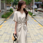 韩国chic夏季简约优雅圆领扭结设计收腰显瘦纯色长款短袖连衣裙女
