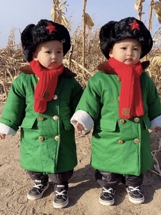 儿童军绿棉大衣加棉袄，加厚中长款男女童，外套网红棉衣加绒冬季宝宝