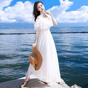 白色露肩雪纺连衣裙夏季女韩版一字，领高腰显瘦度假沙滩裙子仙