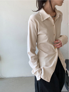 uniquesei简约修身方领衬衫，女竖条纹设计感个性，显瘦百搭长袖上衣