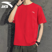 安踏红色短袖t恤男2024夏季宽松冰丝，速干衣薄款透气健身服男