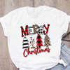 merrychristmas圣诞节快乐豹纹圣诞树白色，t恤女短袖bf风宽松