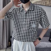 夏季衬衫男千鸟格短袖寸衫休闲痞帅男装，上衣2024衣服半袖衬衣