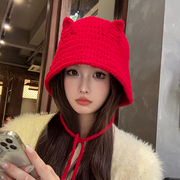 红色针织帽子女秋冬季甜美可爱猫耳毛线帽防寒护耳帽显脸小水桶帽