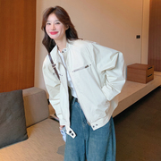 米白色立领工装外套，女春秋季短款2024韩版宽松休闲棒球服夹克
