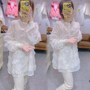 欧洲站网红春季时尚T恤韩版设计感宽松荷叶边蕾丝中长款上衣