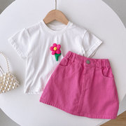 夏季女童玫红立体花朵白T恤玫红半身裙套装洋气宝宝短袖两件套女