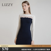 lizzy春季轻奢女装一字领长袖，拼接拼蕾丝，修身弹力针织连衣裙