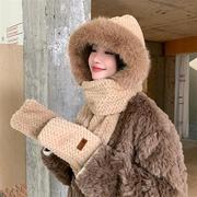 秋冬季帽子围巾手套三件套狐狸毛加绒加厚保暖防风一体帽子女