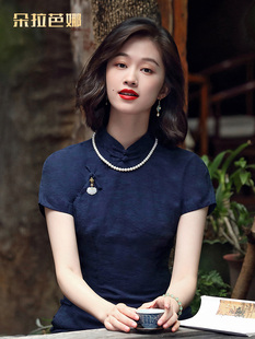朵拉芭娜深蓝色旗袍2023年新女夏季优雅复古中国风日常改良连衣裙