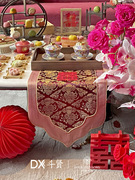 玫瑰红色茶几新年桌旗布婚礼(布，婚礼)轻奢高端餐桌，新中式禅意结婚喜庆茶席