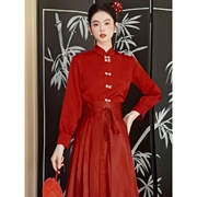 配马面裙的衬衣新中式立领对襟红色衬衫女款春季日常通勤长袖上衣