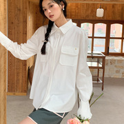 大口袋休闲白色衬衫女小众设计春装宽松廓版中长款法式慵懒风