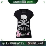 香港直邮philippplein女士黑色骷髅，玫瑰花印花棉质，短袖t恤wtk