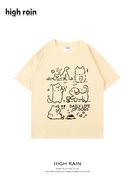 日系可爱狗狗涂鸦卡通印花短袖t恤女奶黄色，纯棉上衣2024夏季
