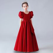 儿童礼服女童红色公主裙，钢琴演奏表演小女孩主持人礼服裙2023