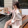 韩版粉色拼色西装外套，女2024秋设计感小众，小个子宽松休闲西服