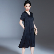 黑色杭州桑蚕丝绸缎裙，子女夏季高端中老年妈妈夏装真丝连衣裙