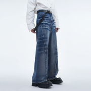 原创设计 cleanfit小众天蓝色牛仔裤男夏季重工水洗纹理拖地裤子