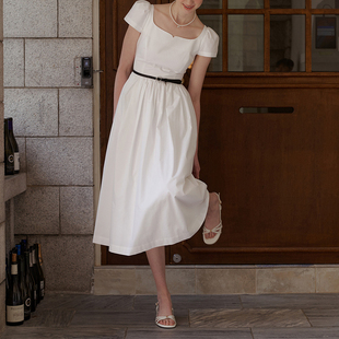 2024简约漂亮气质方领白色，连衣裙夏季女中长款短袖显瘦衬衫裙