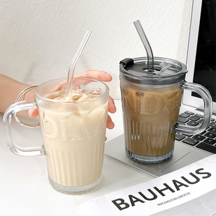 水杯玻璃杯子带盖吸管咖啡杯女2024办公室，家用大人果汁咖啡杯