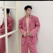 韩国垫肩气质小西装男士个性，小众百搭复古时髦西服粉色高级感外套
