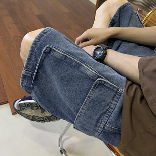 夏季工装牛仔短裤男士2024宽松裤子美式潮牌外穿五分多口袋