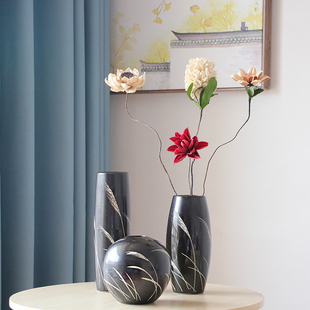 干花花瓶现代简约三件套黑色陶瓷花瓶花插 欧式摆件装饰创意 芦苇
