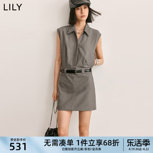 LILY2024夏女装复古通勤款气质时尚高腰显瘦中长款西装连衣裙