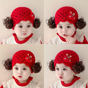 时尚婴儿帽子超萌可爱小兔女宝宝假发套头帽婴幼儿女童针织毛线帽