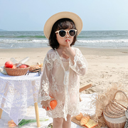 女童网红蕾丝连帽防晒衣中长款轻薄外套夏季洋气，韩版海边外穿开衫