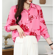 2024韩系小衫高级感粉色花衬衫，法式别致印花长袖
