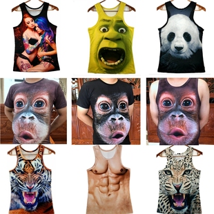 抖音猴子t恤欧美3d黑猩猩，背心男潮流，夏季修身搞笑乌猴背心马甲