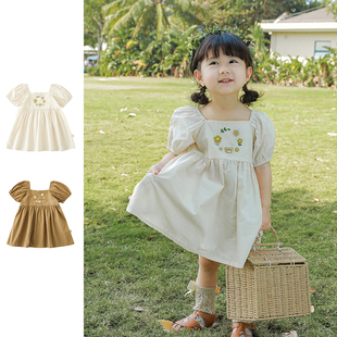 儿童裙子夏季纯棉，长群女童公主裙宝宝，韩版潮小童泡泡袖白色连衣裙