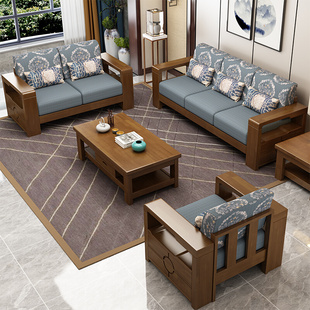 中式客厅原木沙发组合布艺转角，贵妃单三人(单三人，)位拉床现代全实木家具