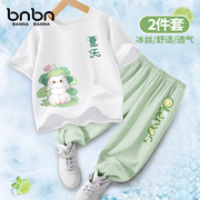 女童夏装套装儿童冰丝透气短袖，t恤女大童绿色，兔子薄款时尚运动服