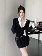 黑白假两件v领衬衫裙修身连衣裙针织包臀短裙女